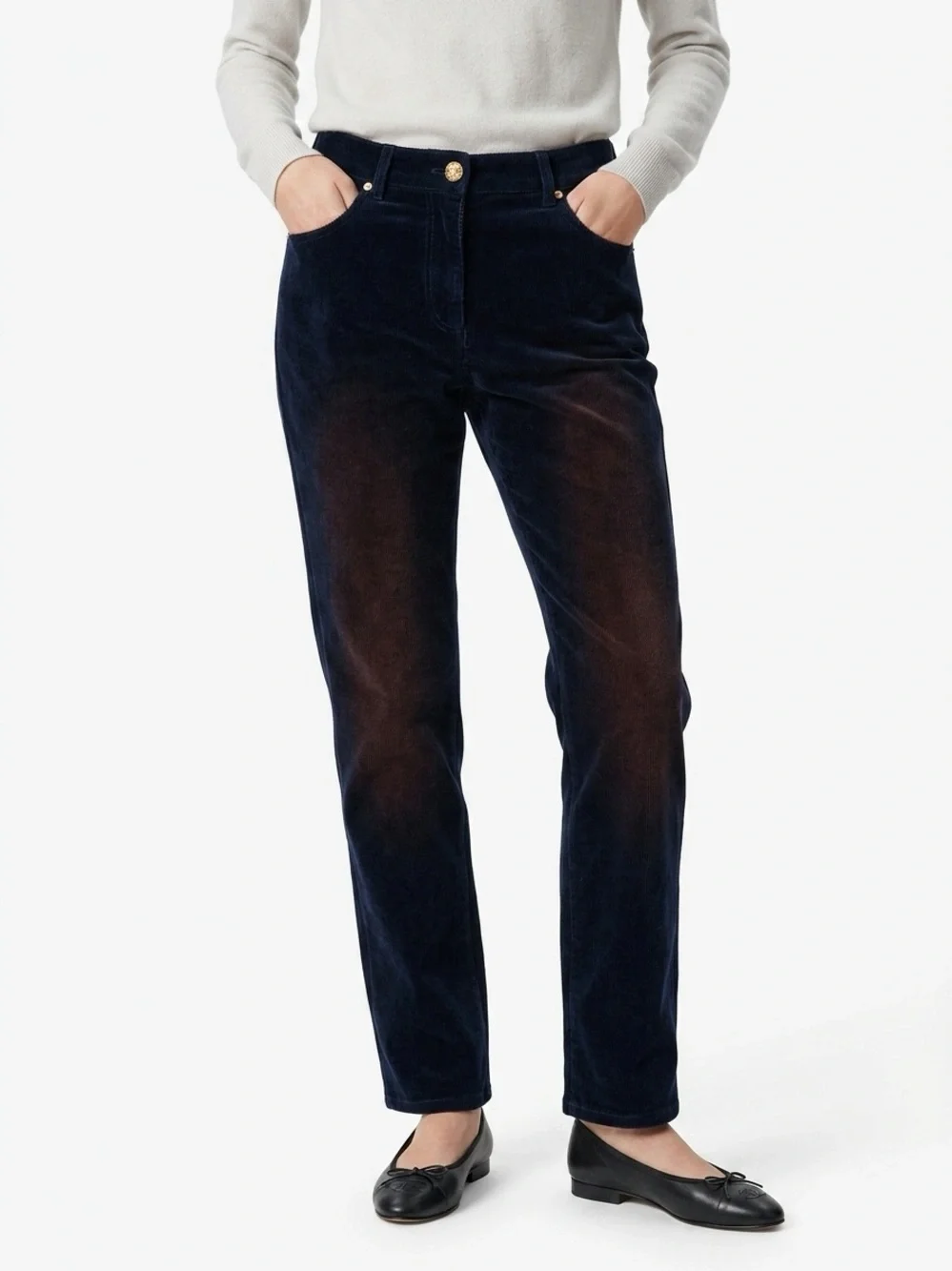 Chanel 17A Paris Cosmopolite Straight Velvet Pants Navy Copper 44
